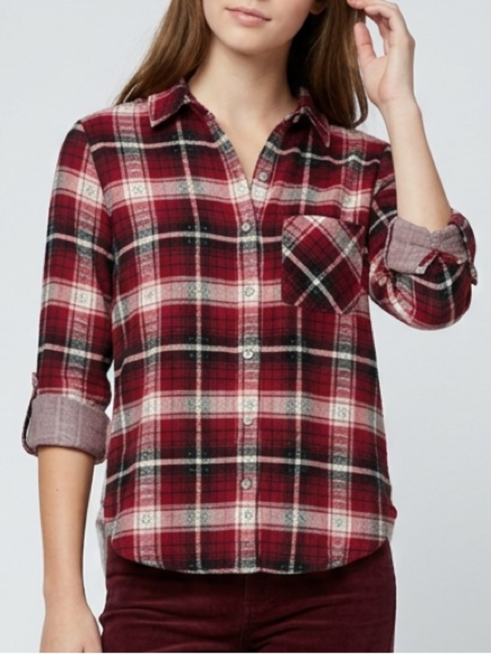 NWT Maddie Maroon & White Plaid Button Down Top - Juniors Size Small